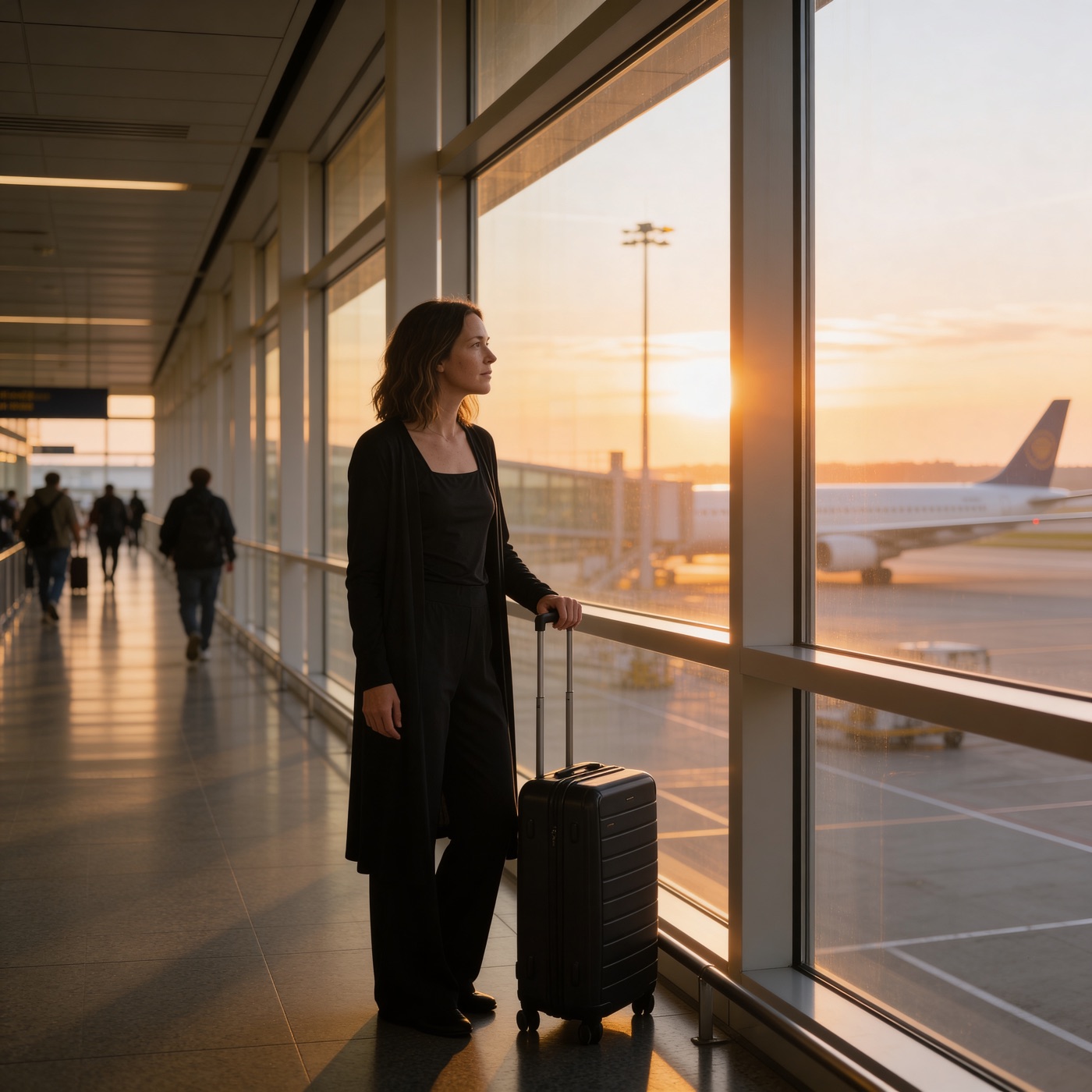 A traveler in the black Essential Set at an airport gate at dawn with a small carry-on
